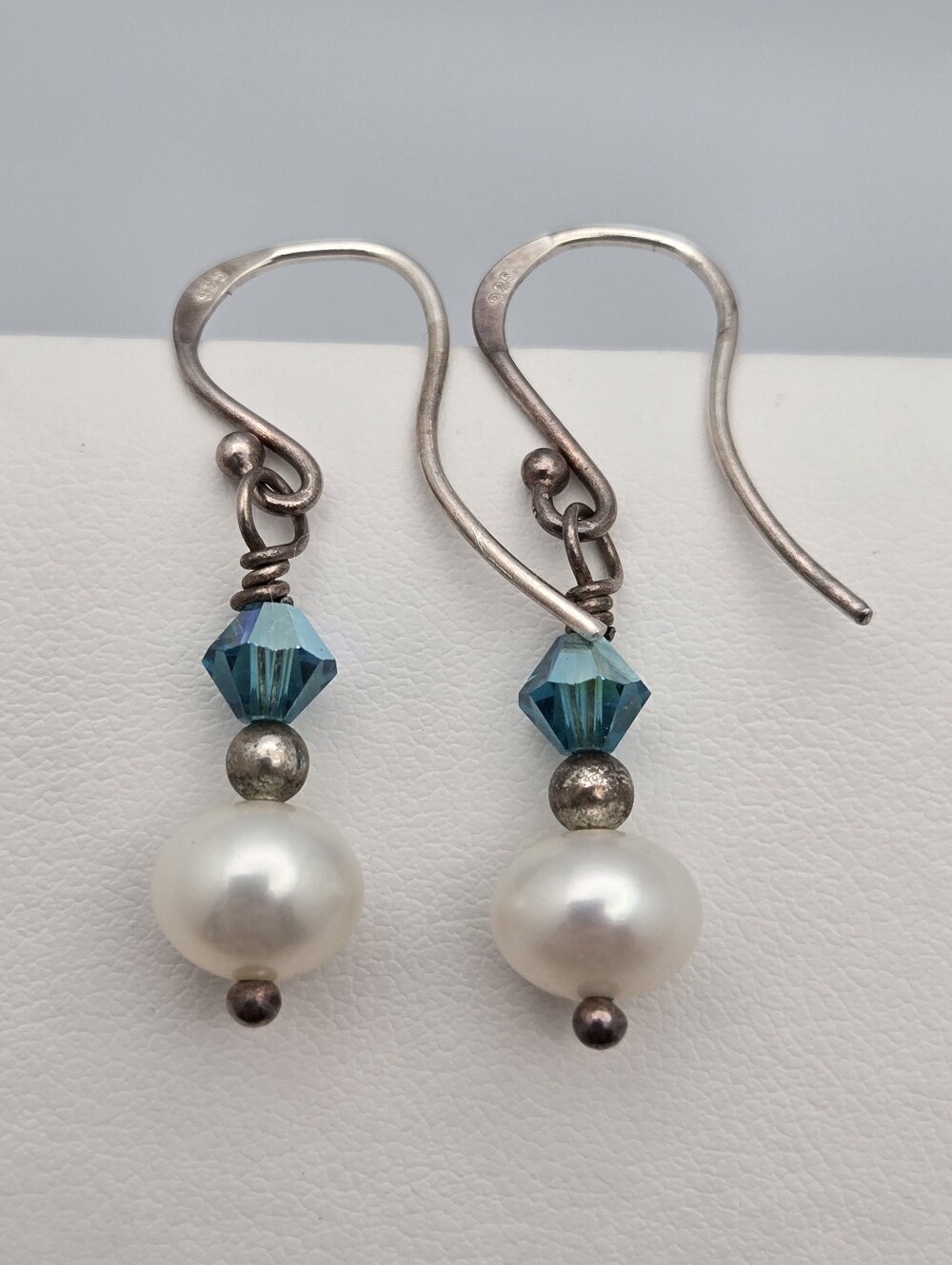 Handmade White Freshwater Pearl Blue Crystal Dangle Earrings Sterling Silver 1.2